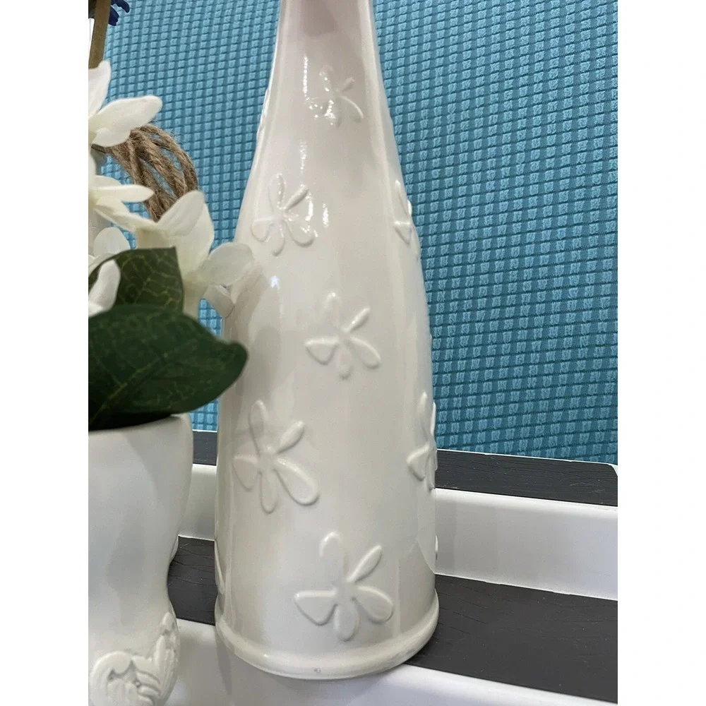 Farmhouse Style White Vases With Faux Flower Floral Painted Set Of 3
